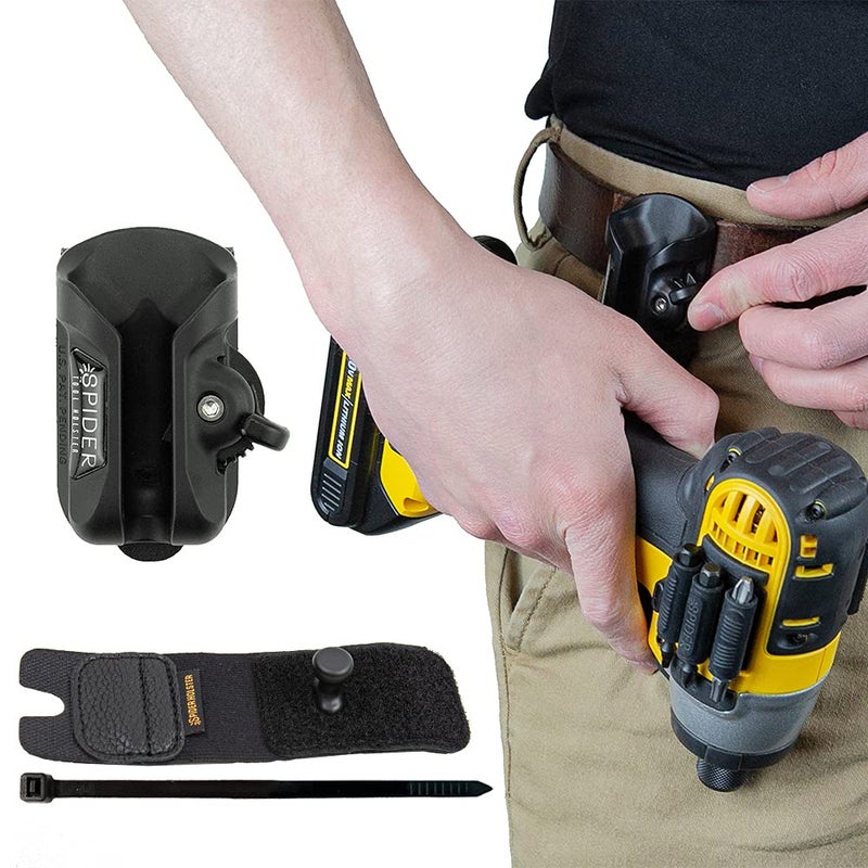 Spider Tool Holster Set - Self Locking, Quick Draw Belt Holster Clip + Elastic Tool Grip - Improve The Way You Carry Your Power Drill, Driver, Multitool, Pneumatic, Flashlight, Hammer, Saw and More! â€¦ - Image 1